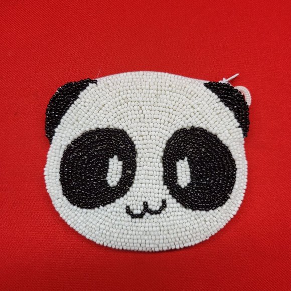 Vintage Coin Purse Panda Bear Beaded Black & White Silk Lined - Picture 2 of 11